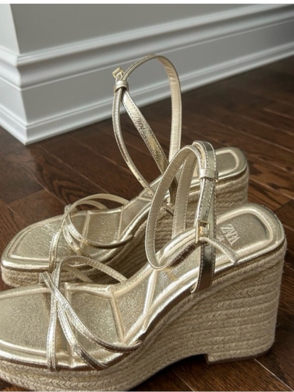 Zara Gold Metallic Strappy Espadrille Wedge Sandals